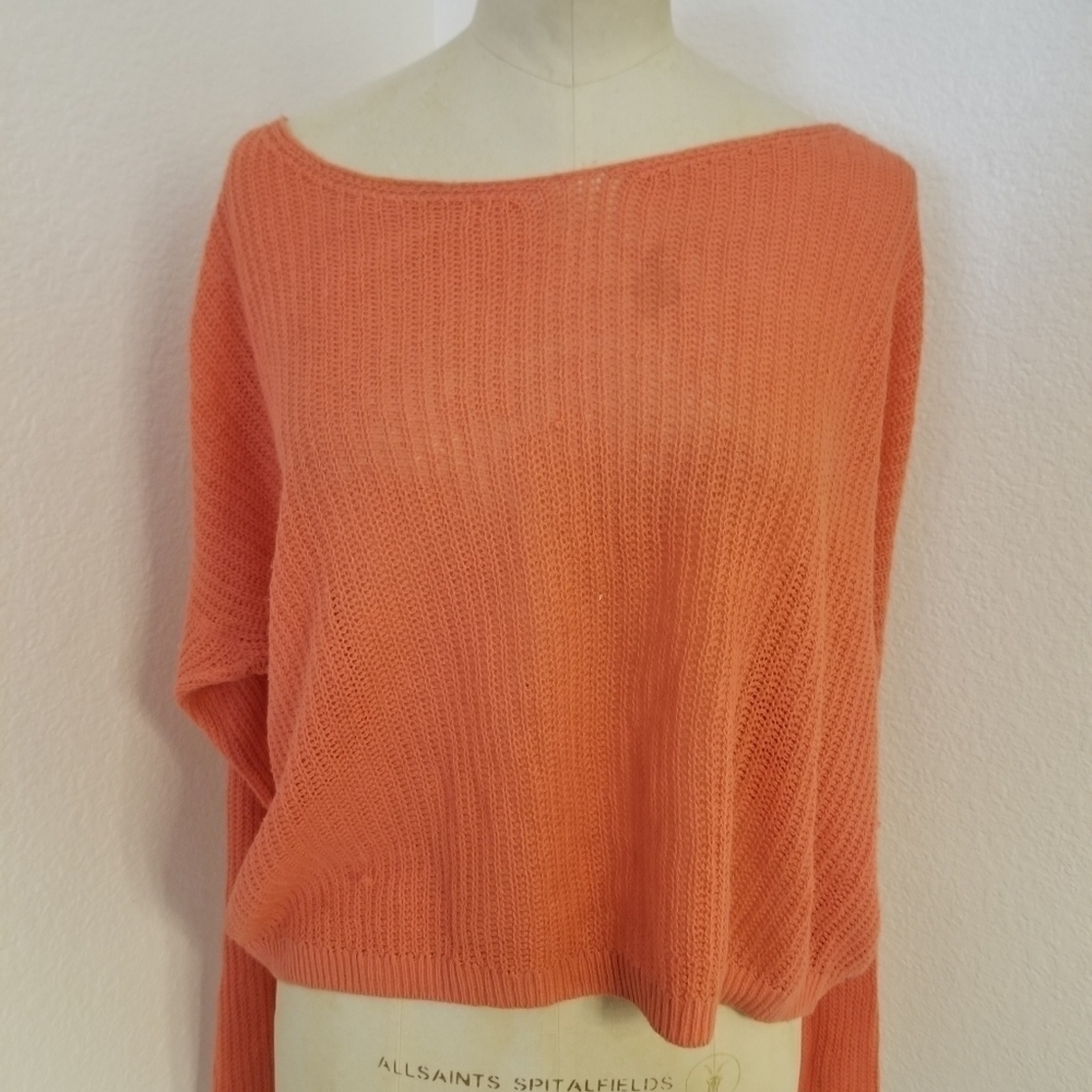 American Eagle Crop Top M Open Knit Boat Neck Long Sleeve Orange